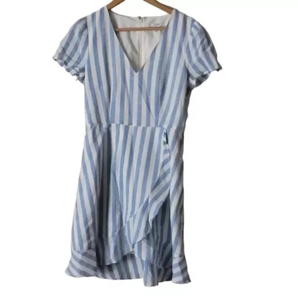 J. CREW Blue White Striped V-Neck Faux Wrap Ruffle Dress Size 4 - Picture 4 of 10
